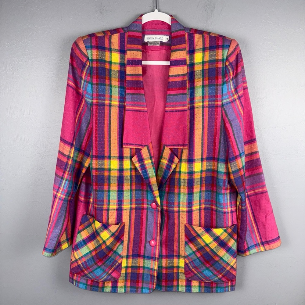 Simon Chang Vintage Blazer‎ Women’s 10 Pink Multicolor Plaid Retro Shoulder Pads